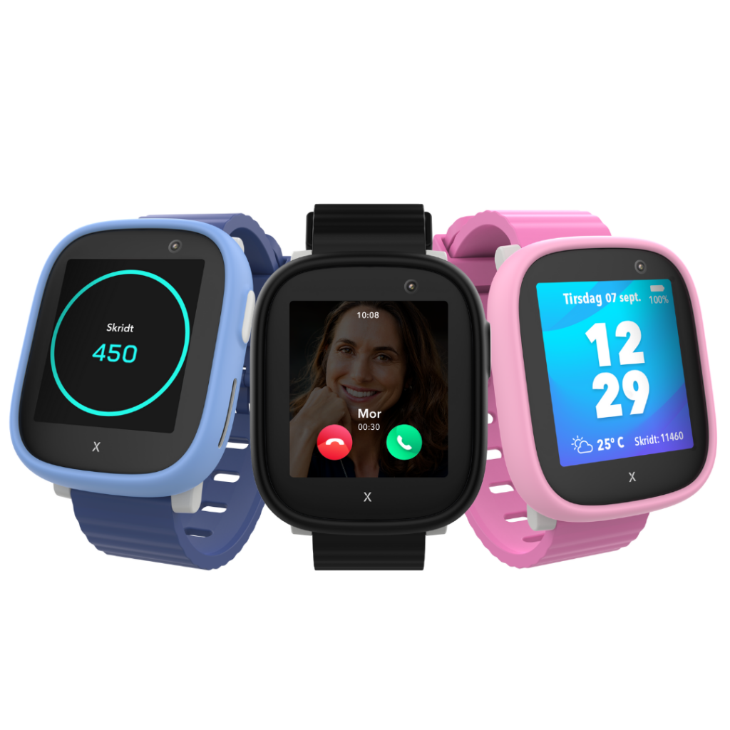 X6Play smartwatch børn med GPS og opkaldsfunktion i farverne sort, lyserød og blå – prisvindende ur til børn.