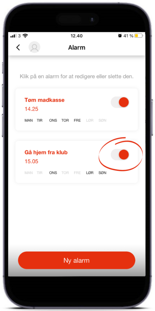 listevisning alarm toggle på Xplora ur