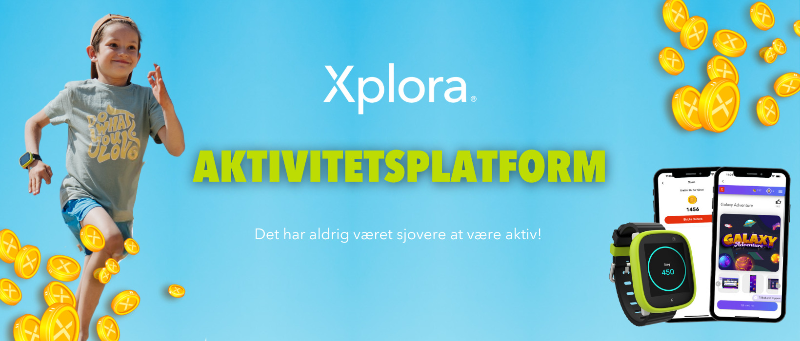 Dreng der løber mod aktvitetsplatform og X6Play med oversigt over aktivitetsplatformen på telefon